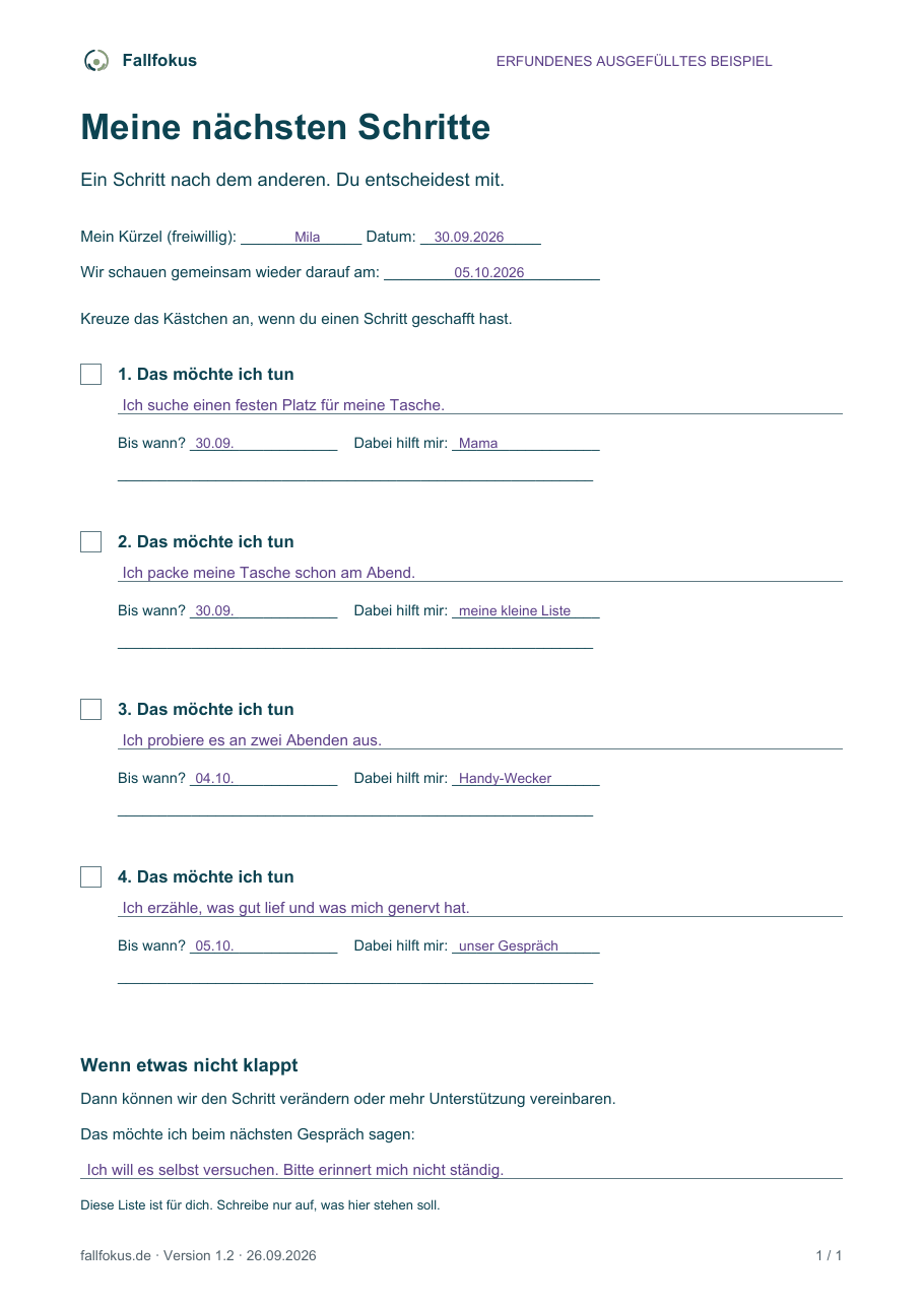 Ausgefülltes Beispiel Meine nächsten Schritte; vollständige Textfassung direkt darunter aufklappbar.