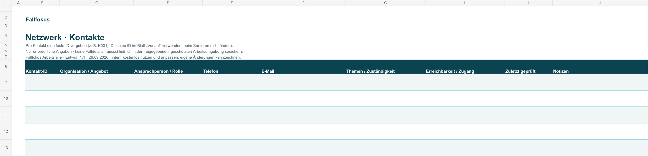Vorschau der Excel-Kontaktübersicht mit Organisation, Ansprechperson und Kontaktwegen