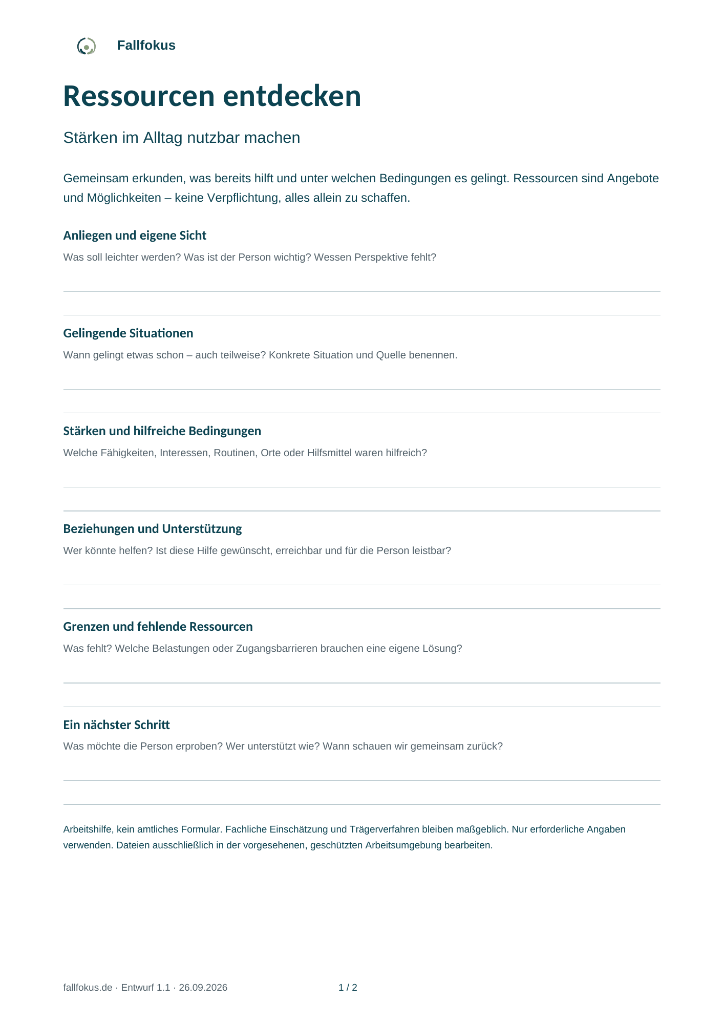 Arbeitsblatt mit sechs Fragen zum ressourcenorientierten Arbeiten