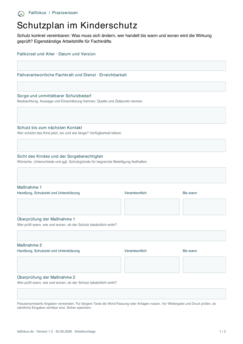 Vorschau der leeren Schutzplan-Vorlage